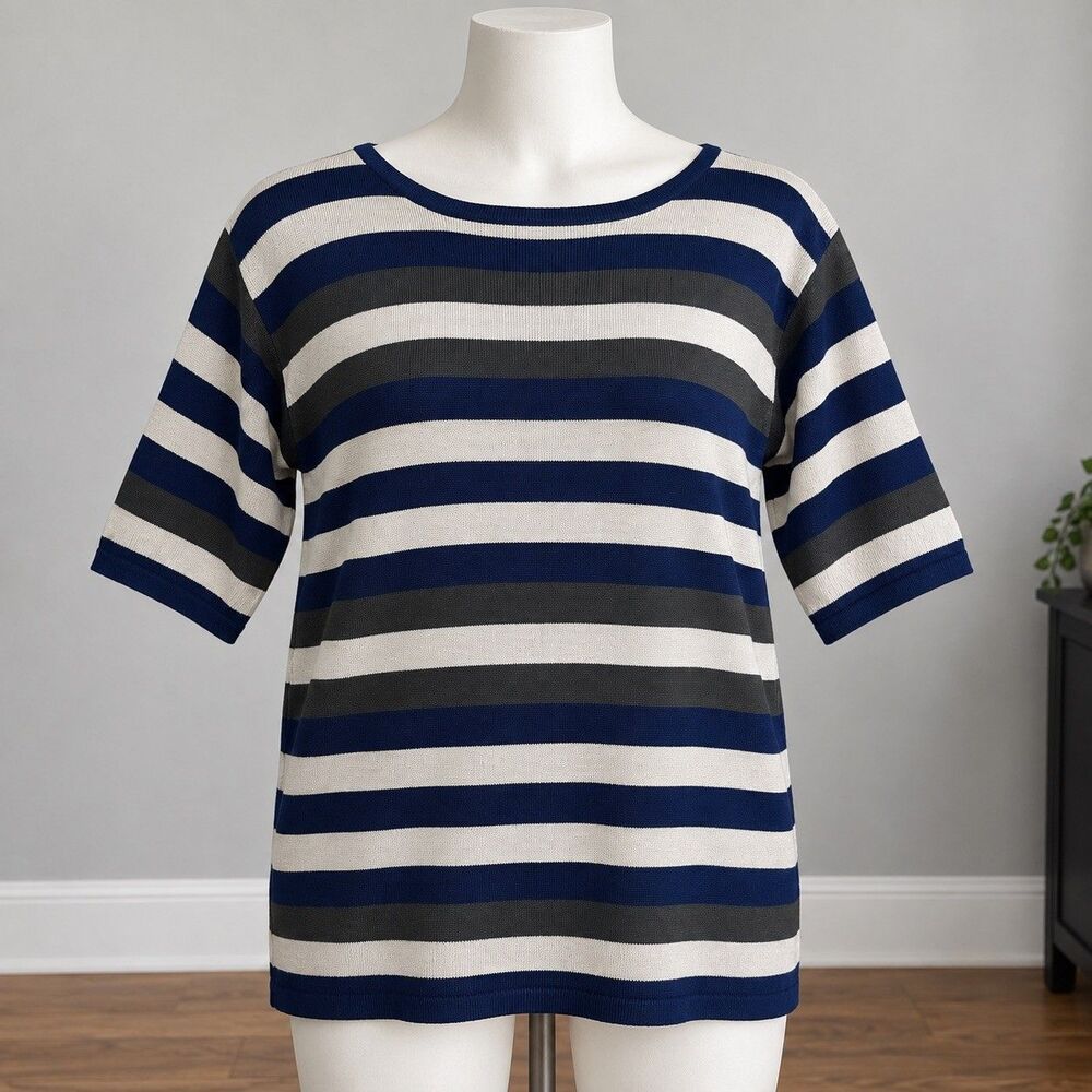 Vintage Milano Design Group Women L Striped Knit Top Navy Cream Gray 90s Preppy